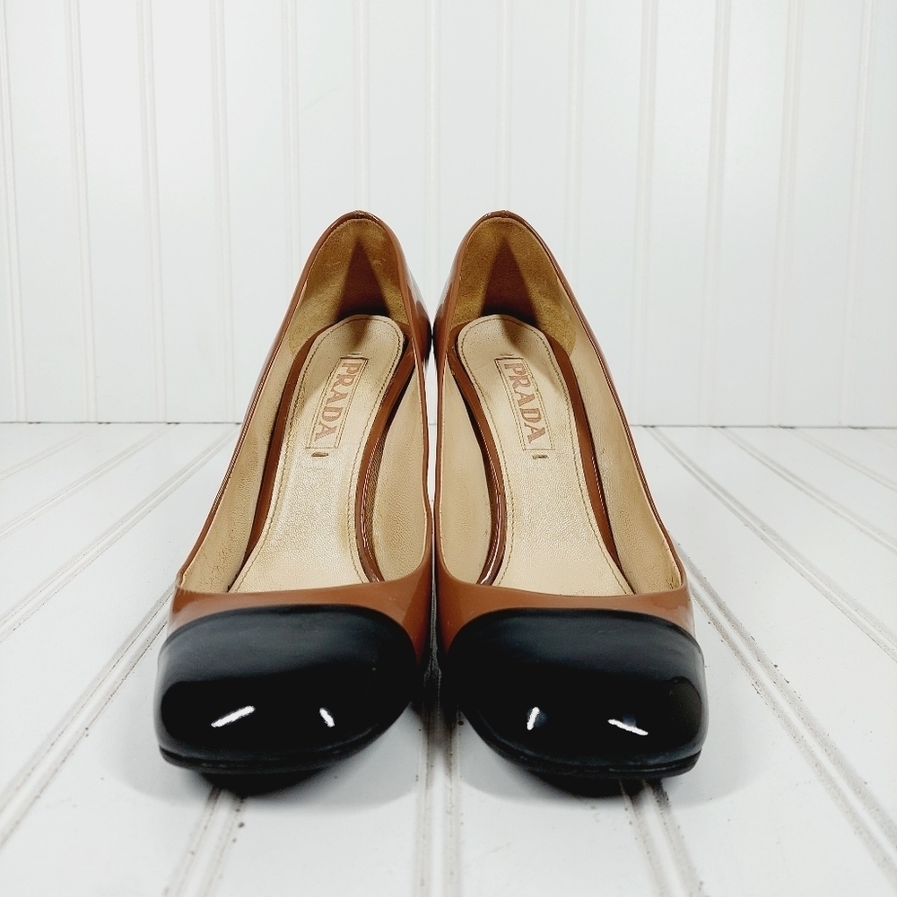 Prada Black Brown Patent Leather Square Toe Slip On Block Heel Pumps B237 - Picture 3 of 15